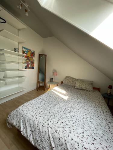 une chambre avec un lit dans un grenier dans l'établissement Chambre chez l habitant avec jardin près de Lille, à Pérenchies