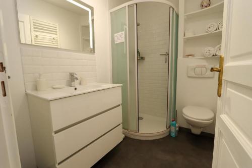 une salle de bain avec une douche, un lavabo et des toilettes dans l'établissement Le Coq de Landry, à Sarlat-la-Canéda