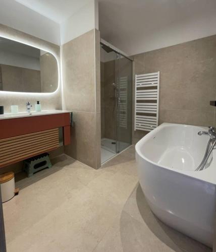 une salle de bain avec une baignoire, un lavabo et une douche dans l'établissement Villa 5 min walk to beach port, à Fréjus