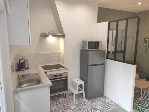 une petite cuisine avec un évier et un réfrigérateur dans l'établissement Tropicalissime, à Dunkerque