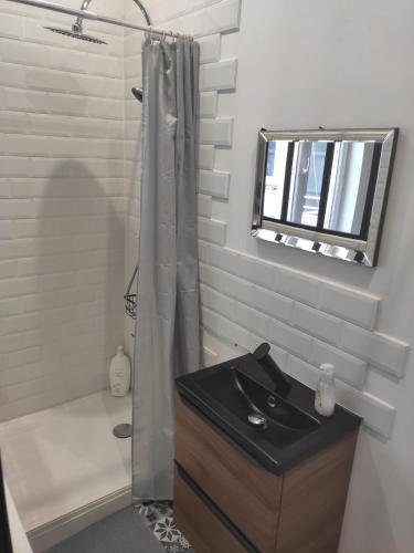 une salle de bain avec un lavabo et un miroir dans l'établissement Tropicalissime, à Dunkerque