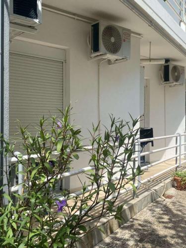 a plant in front of a house with a fan at Anastasia Meteora Residence in Kalabaka