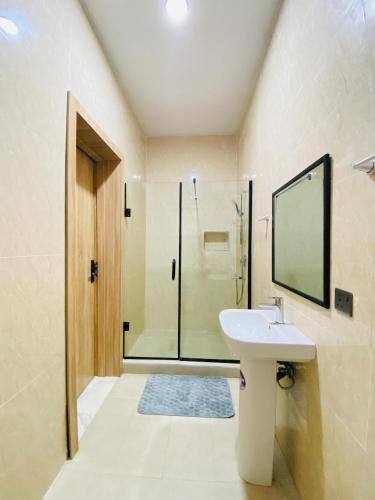 łazienka z umywalką i prysznicem w obiekcie Rehoboth Apartment w mieście Lekki