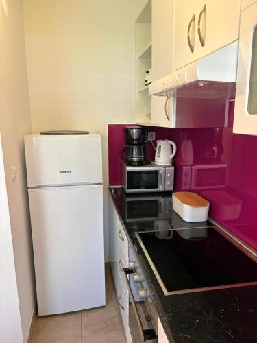 a kitchen with a white refrigerator and a microwave at Apartment Anđelina, Split in Split