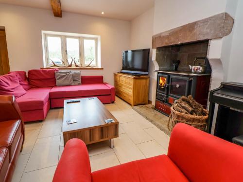 a living room with red furniture and a fireplace at Sprinks Farm in Leek