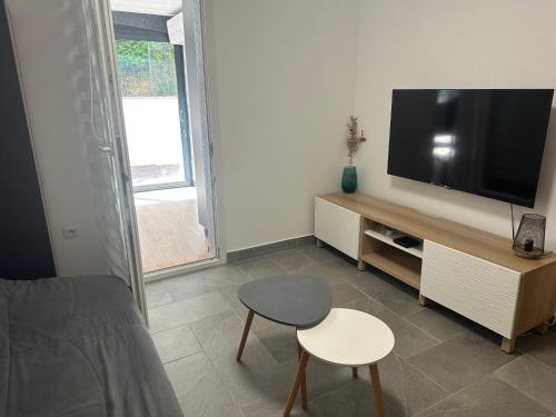 un salon avec une télévision à écran plat et une table dans l'établissement Appartement maison copropriété, à Tourbes