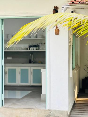 a door to a kitchen with a palm tree at Water's Edge Villa in Ahangama