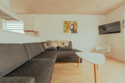 a living room with a gray couch and a tv at Apartment with Balcony and Ocean View - Tórshavn in Tórshavn