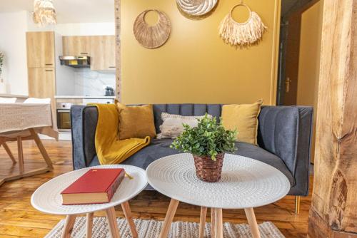 a living room with a couch and a table with books at Le Boho - Charmant T3 avec climatisation et fibre in Bergerac