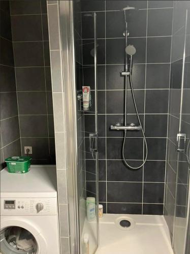 une douche dans une salle de bain avec machine à laver dans l'établissement T4 avec terrasse proche plages, à Saint-Malo