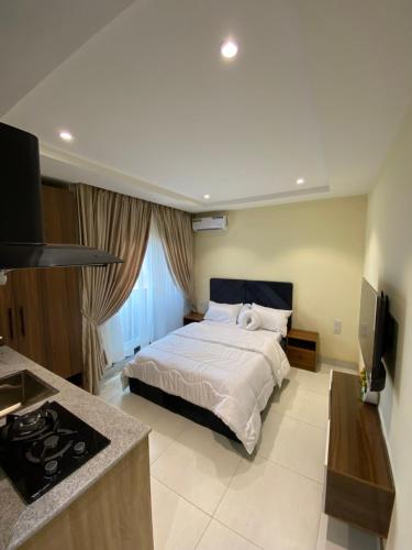 a bedroom with a bed and a television in it at Supreme Apartment & Residence in Igbogila