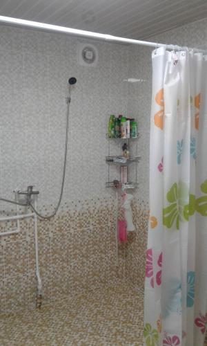 a bathroom with a shower with a shower curtain at Kyrgyz Family in Bokonbayevo