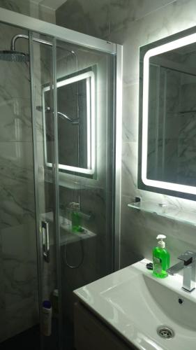 a bathroom with a shower and a sink and a mirror at Apartamento Buena Vista in Mojácar