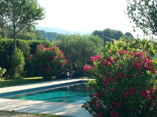 une piscine dans un jardin avec des fleurs roses dans l'établissement Maison de charme en Luberon à proximité de Lourmarin piscine privée et grand jardin, à Puyvert