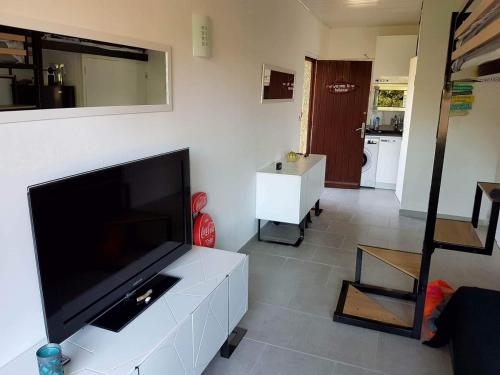 un salon avec une grande télévision à écran plat dans l'établissement Studio Corse avec acces direct à la plage La Liscia, à Calcatoggio