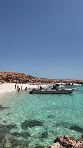 a boat sitting on a beach with people on it at Dive Art Oman in Ma‘ābīlah