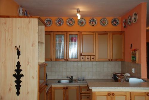 een keuken met oranje muren, houten kasten en een wastafel bij Villa Capri in Nová Lesná