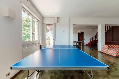 a blue ping pong table in a living room at Villa del Sole - Lake Como Garden in Cernobbio