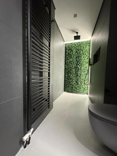 a bathroom with a toilet and a green wall at Old Town Flat in Patra