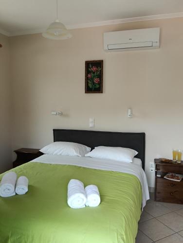 a bedroom with a green bed with white pillows at Galini Studios in Sivota