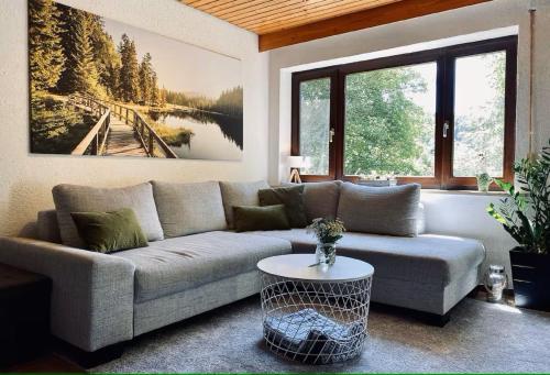 a living room with a couch and a table at FICHTELRAUM Dein Raum im Fichtelgebirge in Gefrees
