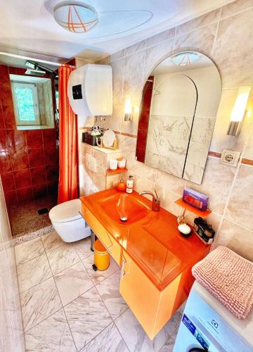 a bathroom with a sink and a toilet at Apartman Bela in Matulji