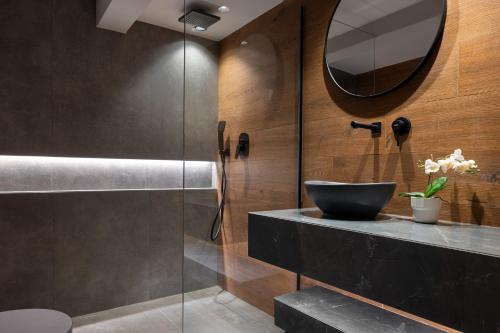 a bathroom with a sink and a glass shower at Luxurious Villas Rocca Blanco 1 & 2 in Kounoupidhianá