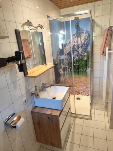 a bathroom with a sink and a shower at Haus Alpenflora in Ramsau