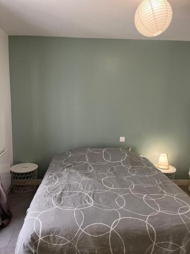 - une chambre avec un grand lit et une couverture grise dans l'établissement Duplex avec cour intérieure, à Bourges