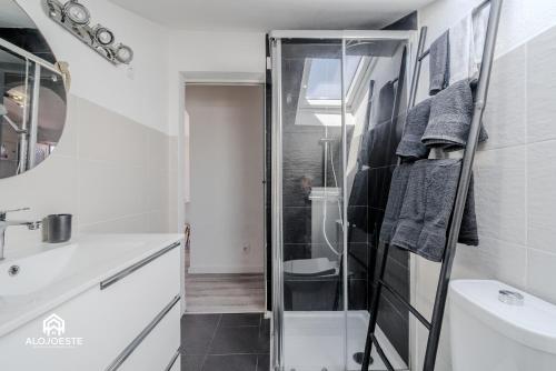 a bathroom with a shower and a sink at Central Apartment - 2 bedrooms center of Santa Cruz in Santa Cruz