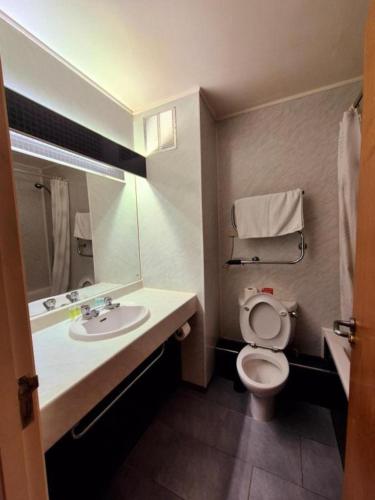 a bathroom with a sink and a toilet and a mirror at Boston Supreme Hotel in Boston