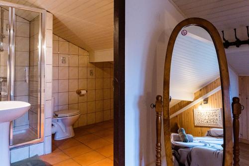 a bathroom with a sink and a toilet and a mirror at chambres hôte maison florenia in Caro