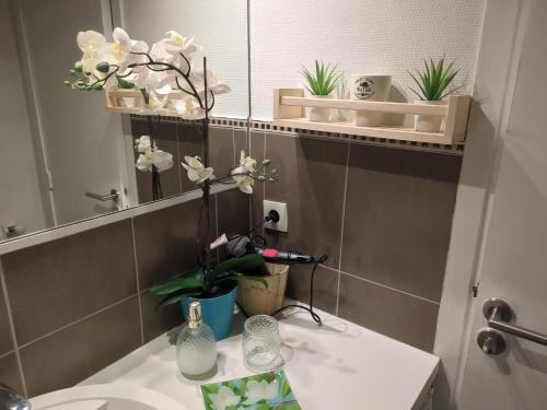 La salle de bains est pourvue d'un lavabo, d'un miroir et de fleurs. dans l'établissement Cannes Isola Bella entre mer et montagne, à Cannes