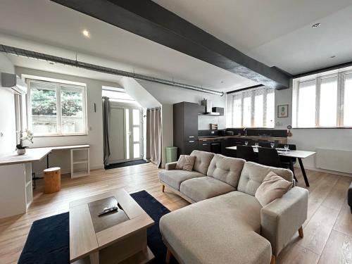 un salon avec un canapé et une table dans l'établissement L'Atelier, calme et charmant, à Limoges