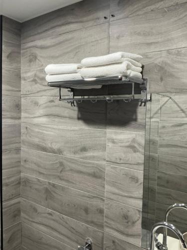 a bathroom with a rack of towels on a wall at Hotel 717 Kazbegi in Stepantsminda