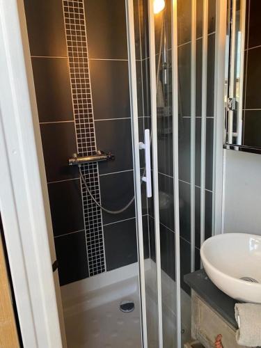 une douche avec une porte vitrée à côté d'un lavabo dans l'établissement Le Trianon - Appt à 100m de la plage, à Trouville-sur-Mer