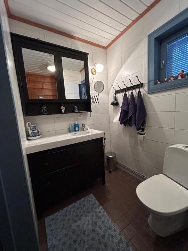 a bathroom with a sink and a toilet and a window at Traditional Lapland 2BR House with Private sauna in Nuupas
