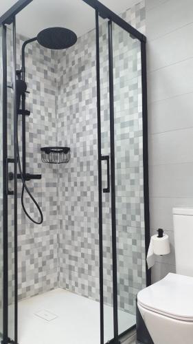 a bathroom with a glass shower with a toilet at Abacería in Allariz