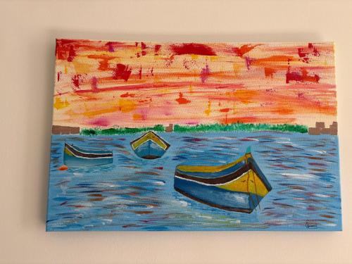 a painting of three boats in the water at Cosy 2 Bedroom Penthouse with Terraces & seaview in St Paul's Bay