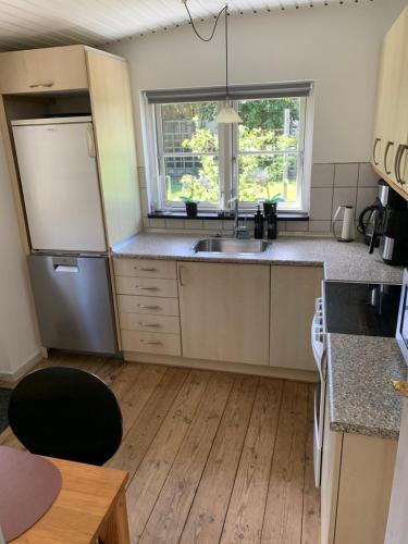 a kitchen with a sink and a refrigerator at H C Andersen city apartment in Odense