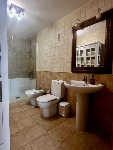 a bathroom with a toilet and a sink and a mirror at Residencia La Mina - Albir in Albir