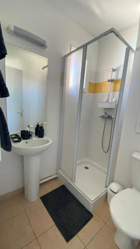 une salle de bain avec une douche, un lavabo et des toilettes dans l'établissement Charming rental with shared-pool in Mouries, à Mouriès