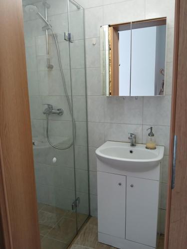 un bagno con doccia, lavandino e specchio di Studija Kauno centre a Kaunas