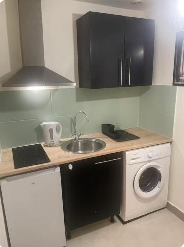 une cuisine avec un évier et une machine à laver dans l'établissement Au pied du festival, à Avignon