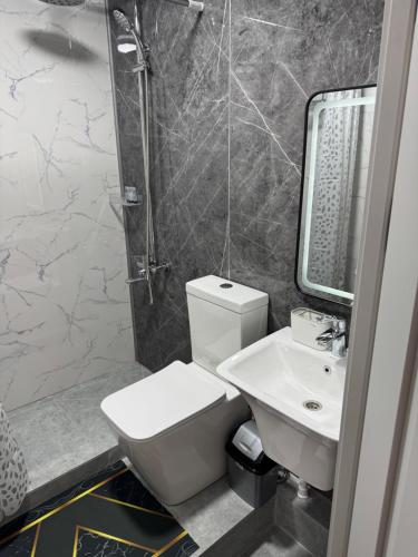 a bathroom with a toilet and a sink and a shower at Ricco guest house in Bishkek