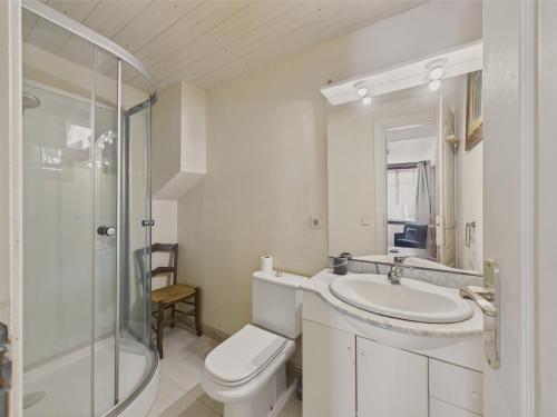 une salle de bain avec toilettes, lavabo et douche dans l'établissement Plein centre ville - maison pour 4 avec terrasse, à Sarlat-la-Canéda