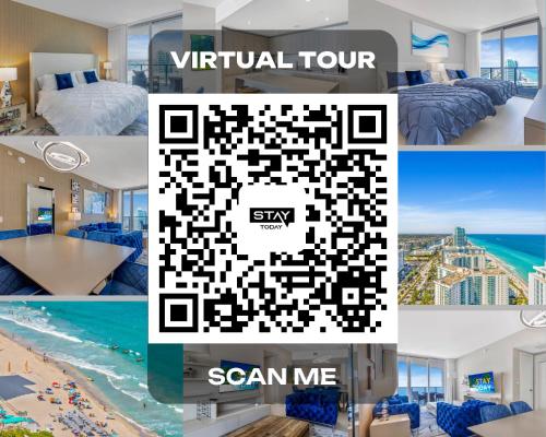 a collage of photos of a hotel room with a virtual tour andscan me at The Ultimate Resort - BEACHFRONT 2 BEDROOM APARTMENT WITH DIRECT OCEAN VIEW, ROOFTOP POOL, HOT TUB AND GYM in Hollywood