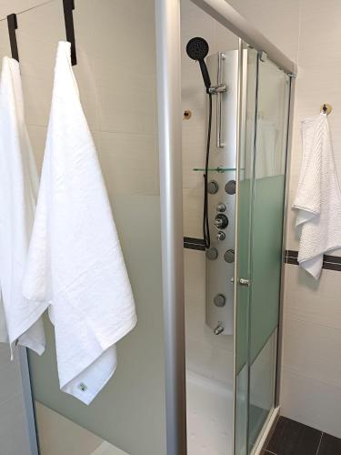 a bathroom with a shower with white towels and a glass door at El sol y la mar in Colindres