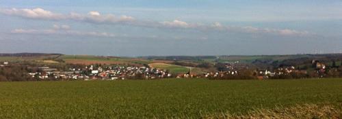 a green field with a town in the background at Ferienwohnung J.Weber in Hornbach