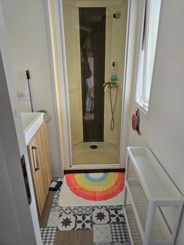 une salle de bain avec douche au sol coloré dans l'établissement family's dream p16 la Marina de canet, à Canet